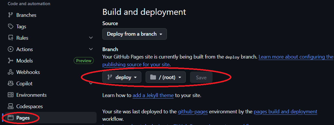 Saveですぐにデプロイ、動作が気になる人はActionsを見よう Pagesのデプロイ場所設定
